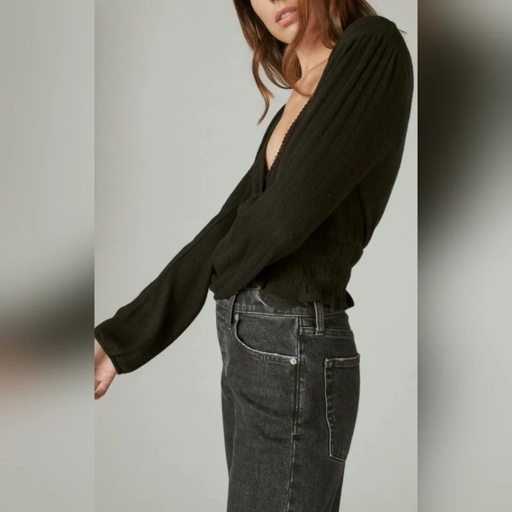 Lucky Brand Pointelle-Trim Surplice Top Jet Black XL New - Picture 5 of 10